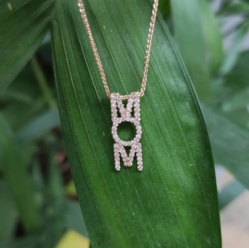 Mom Diamond Pendant Necklace, Mom jewelry, diamond gift for mom, Diamond nameplate Letter necklace, 14K gold name necklace, vertical name image 1