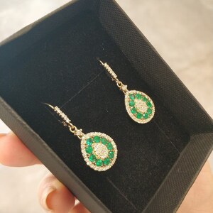 Emerald drop earrings, emerald earrings dangle, emerald hoop, diamond and emerald earring, may birthstone jewelry, Natural emerald 14K gold image 5