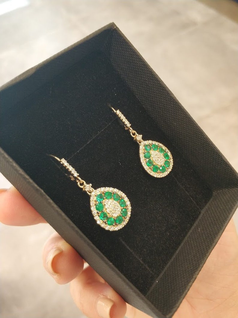 Emerald drop earrings, emerald earrings dangle, emerald hoop, diamond and emerald earring, may birthstone jewelry, Natural emerald 14K gold image 5