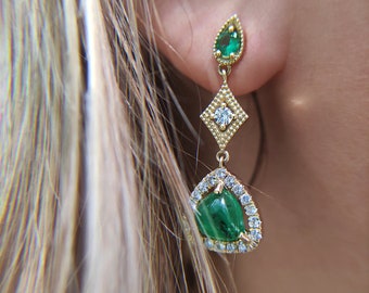 Emerald cabochon earrings, Diamond dangle earrings, Dangling Diamond Earrings, Emerald and Diamond Drop Earrings, Emerald halo earrings