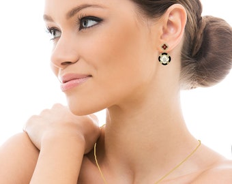 Diamond clover dangling earrings, Pearl, Onyx, Ruby and Diamond earrings, 14K gold earrings