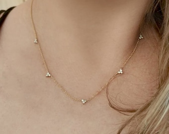 Diamond by the Yard Necklace, 3 stone necklace, trio station necklace, Diamond Station Necklace, gold charm Necklace, Diamond Necklace