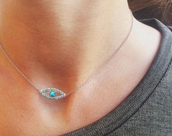 Collar de mal de ojo de diamantes, colgante de protección ocular turquesa, collar de mal de ojo de oro de 14k