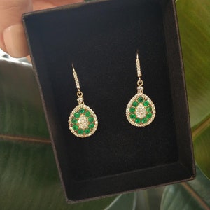Emerald drop earrings, emerald earrings dangle, emerald hoop, diamond and emerald earring, may birthstone jewelry, Natural emerald 14K gold image 4