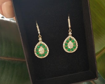 Emerald drop earrings, emerald earrings dangle, emerald hoop, diamond and emerald earring, may birthstone jewelry, Natural emerald 14K gold