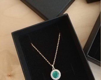 Halo Necklace: Emerald and Diamond Pendant