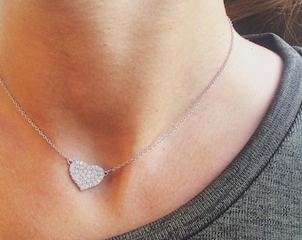 Diamond pave heart necklace, 14K solid gold heart necklace