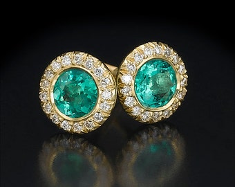 Emerald halo stud, emerald earrings, halo diamond studs, yellow gold studs, green stone earrings, round halo earrings, May birthstone