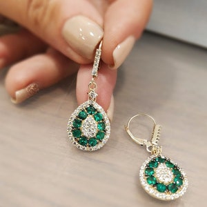Emerald drop earrings, emerald earrings dangle, emerald hoop, diamond and emerald earring, may birthstone jewelry, Natural emerald 14K gold image 3