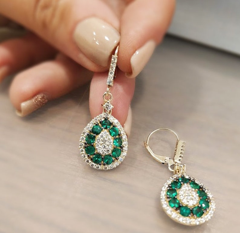 Emerald drop earrings, emerald earrings dangle, emerald hoop, diamond and emerald earring, may birthstone jewelry, Natural emerald 14K gold image 3