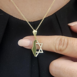 Colgante de mapa de oro de 14 quilates con estrella de David de diamantes, joyería judía
