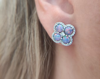 Lavender purple opal earrings, Diamond clover earrings, diamond opal earrings, halo earrings, opal studs, lavender opal stud, clover earring