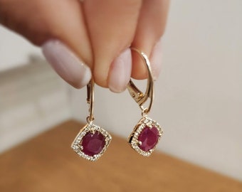 Ruby halo earrings, dangling diamond earrings, Ruby earrings dangle, Ruby and diamond earring, 14k solid gold, Genuine Ruby, July birthstone