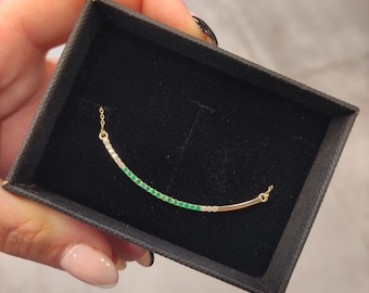 Diamond and Emerald necklace, crescent moon necklace, diamond necklace, curved bar necklace, diamond bar necklace, diamond bar pendant