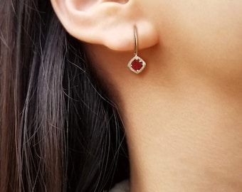 Ruby halo earrings, dangling diamond earrings, Ruby earrings dangle, Ruby and diamond earring, 14k solid gold, Genuine Ruby, July birthstone