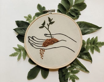 Hand Holding Growing Plant Embroidery - Handmade Embroidery - Botanical Embroidery - Sunday On The Run