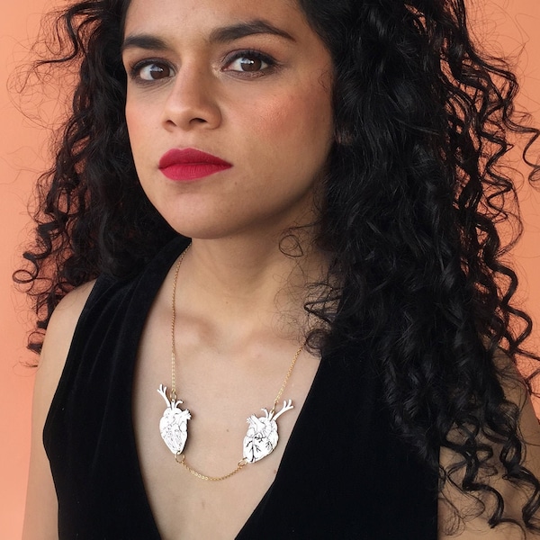 The Two Fridas necklace, Frida Kahlo inspired necklace, Mexican necklace, Two hearts necklace, anatomical heart, Latina Jewelry, Boho jewels