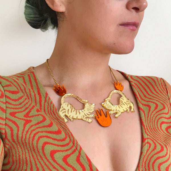 Tigers and Flames Acrylic Necklace, Funky Necklace, Statement Necklace, Quirky Necklace, Unique Necklace, Bold & Fun Necklace, Gift for Her