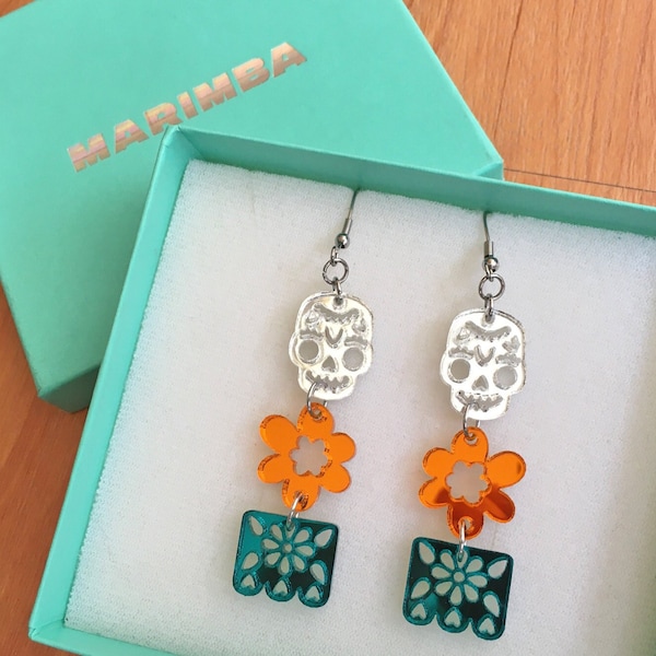 Boucles d'oreilles Dia de Muertos, jolies boucles d'oreilles tête de mort en bonbon, boucles d'oreilles mexicaines, jour des morts, amusant, génial, original, bijoux latina uniques, calavera