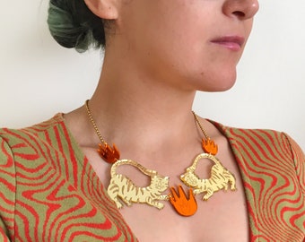 Tigers and Flames Acrylic Necklace, Funky Necklace, Statement Necklace, Quirky Necklace, Unique Necklace, Bold & Fun Necklace, Gift for Her