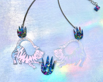 NEW Tigers and Flames Acrylic Necklace, Iridescent Necklace, Statement Necklace, Quirky Necklace, Unique Bold Necklace, Fun gift for her