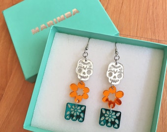 Pendientes del Día de Muertos, bonitos pendientes de calavera de caramelo, pendientes mexicanos, Día de Muertos, divertidos, originales y únicos, joyería latina, Calavera
