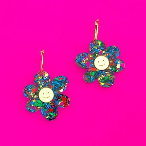 Happy Flower Earrings, Original, Fun, Funky, Quirky, Unique, Bold, Shiny jewelry, cool earrings, hoop earrings, happy face, gift for her
