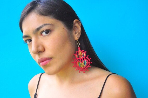 Milagritos laser cut statement earrings sacred heart | Etsy