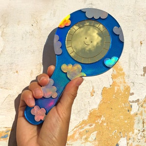 Sun and Moon Mirror, Hand Held Mirror, Makeup Mirror, Aesthetic Mirror, Cute Mirror, Shatterproof, Kawaii Mirror, Funky, Quirky, Unique, Fun Holographic Clouds