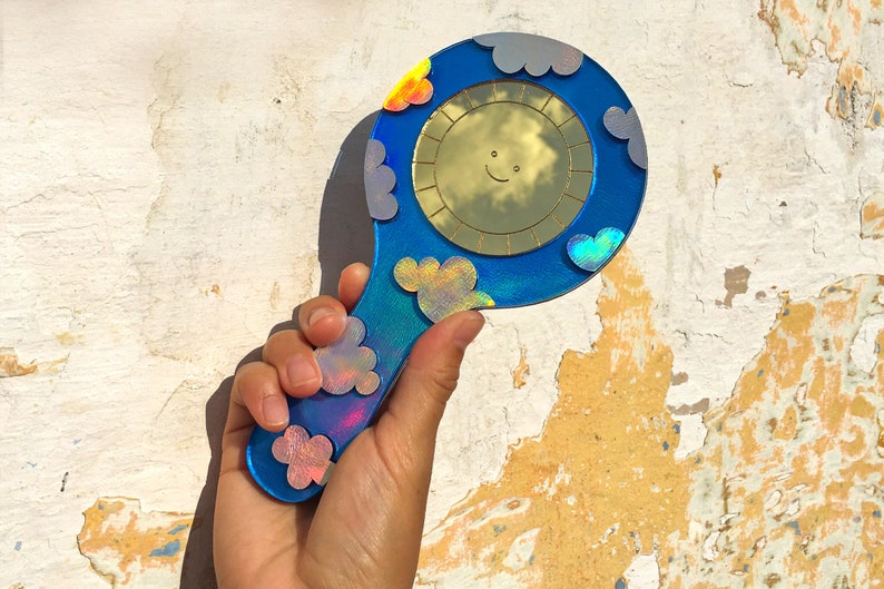 Sun and Moon Mirror, Hand Held Mirror, Makeup Mirror, Aesthetic Mirror, Cute Mirror, Shatterproof, Kawaii Mirror, Funky, Quirky, Unique, Fun Holographic Clouds