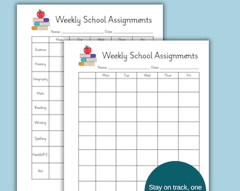 Weekly School Assignments Printable | Homeschool Planner PDF | Kids Homework Tracker | Student Weekly Schedule Chart