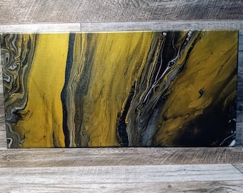 Midnight Elegance - 10x20 Inch Black and Gold Acrylic Pour Painting