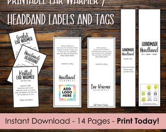 Printable Ear Warmer and Headband Labels Tags, 14-Page PDF