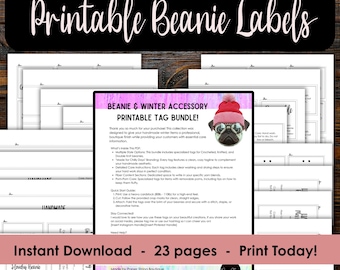 Beanie Tags Printable Bundle, Crochet and Knit Hat Labels, Fold Over Wrap Hang Tags