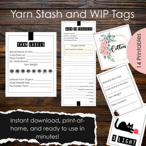 May include: A collection of printable yarn stash and work in progress tags featuring black and white text, including fields for brand, color, dye lot, fiber content, and yarn weight, alongside a floral design and a black cat graphic illustration.
