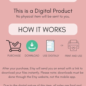May include: A pink graphic with the text "Instant Download" and "This is a Digital Product." It explains the process: Purchase, Download, Use Digitally, or Print and Use. The text also states that the product is non-refundable.