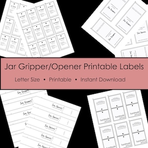Op de afbeelding: Printbare etiketten voor potgrijpers en -openers in verschillende ontwerpen. De etiketten zijn in zwart en wit en bevatten de tekst "Jar Gripper" en "Jar Opener". De etiketten zijn in letterformaat, printbaar en direct te downloaden.