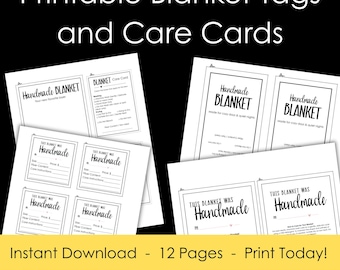 Handmade Blanket Care Tags, Printable Quilt Wrap Label, Crochet Afghan Care Cards