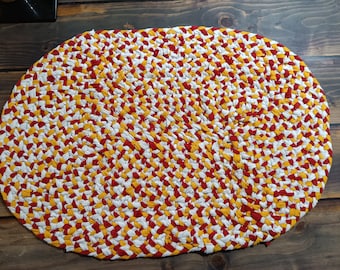 Handmade Braided Rag Rug: Red, White, and Yellow Recycled T-Shirt