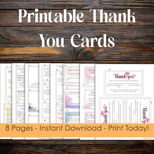 May include: A collection of eight printable thank you card templates featuring various designs, text layouts, and floral accents. The cards include spaces for discount codes and social media tags, presented as an instant download digital product.