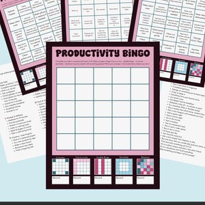 May include: Printable productivity bingo game with pink and white design. The bingo cards include tasks like cleaning, organizing, and other chores. The image also includes the text "6 Pages - Instant download - Printable."