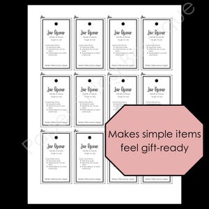 May include: A sheet of printed tags for jar openers. Each tag has the words "Jar Opener" and care instructions. A pink geometric shape with the text "Makes simple items feel gift-ready" is on the right.