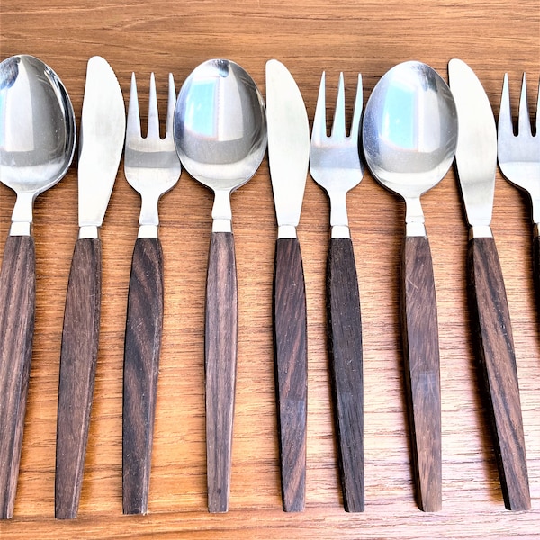 ONE Set of Mid Century Modern wooden teak utensil dinner knife fork spoon // Stainless Steel Danish modern teak handle dinner cutlery set