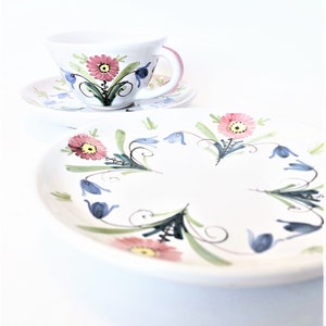 Trio Danish Studio Pottery 1940s tea coffee cup and saucer dessert plate // Illona Denmark // Made in Denmark Handpainted // FREE SHIPPING