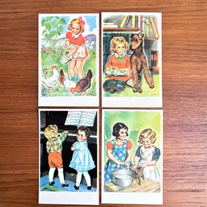 Ilustración noruega arte vintage Georg Schumann // 4 tarjetas de la década de 1940 // Ilustración infantil Vintage Tarjeta de agradecimiento // Arte del conjunto de postales