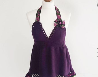 Purple Knit and Crochet Top, Crochet Crop Top, Summer Women Top, Beach Clothes, Halter Top, Boho Top, Crochet Bralette, Crochet Bikini.