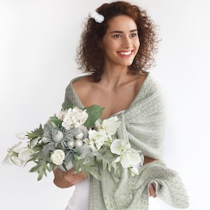 Antique sage green wedding wrap, celadon bridal shawl, bridal cover up, wedding bolero, green knitted shawl, pale green capelet, bridal cape