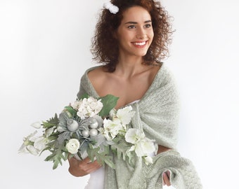 Envoltura de boda verde salvia antigua, chal nupcial celadon, encubrimiento nupcial, bolero de boda, chal de punto verde, capelet verde pálido, capa nupcial