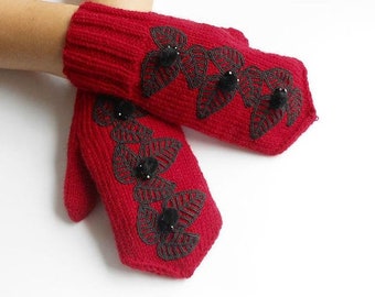 Hand Knitted Mittens Embroidered Mittens Fall Winter Mittens Warm Knitted Mittens Red Women's Mittens Girl's Mitts Scarlet Red mittens