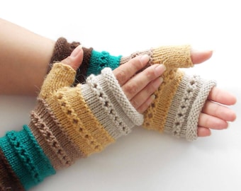 Fingerless gloves, Knitted Striped Gloves, Fingerless Hand Warmers, Brown, Green, Yellow, Beige Wrist Warmers, Christmas gift for Woman